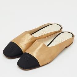 Pre Owned Chanel Gold/Black Metallic Leather and Fabric CC Cap Toe Flat Mules Size 39