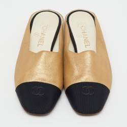 Pre Owned Chanel Gold/Black Metallic Leather and Fabric CC Cap Toe Flat Mules Size 39