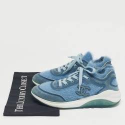 Pre Owned Chanel Blue Knit Fabric and Suede CC Lace Up Sneakers Size 37