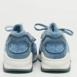 Pre Owned Chanel Blue Knit Fabric and Suede CC Lace Up Sneakers Size 37
