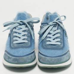Pre Owned Chanel Blue Knit Fabric and Suede CC Lace Up Sneakers Size 37