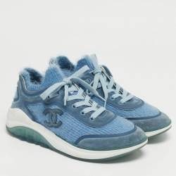 Pre Owned Chanel Blue Knit Fabric and Suede CC Lace Up Sneakers Size 37