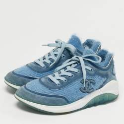 Pre Owned Chanel Blue Knit Fabric and Suede CC Lace Up Sneakers Size 37