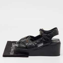 Pre Owned Chanel Black Quilted Leather CC Logo Platform Wedge Sandals Size 39.5