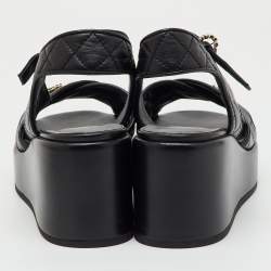 Pre Owned Chanel Black Quilted Leather CC Logo Platform Wedge Sandals Size 39.5