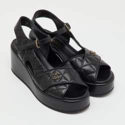 Pre Owned Chanel Black Quilted Leather CC Logo Platform Wedge Sandals Size 39.5