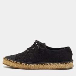 Pre Owned Chanel Black Tweed Interlocking CC Logo Espadrille Lace Up Oxfords Size 39