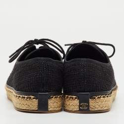 Pre Owned Chanel Black Tweed Interlocking CC Logo Espadrille Lace Up Oxfords Size 39