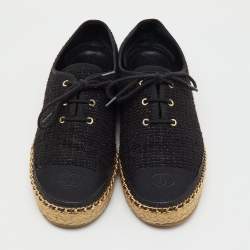 Pre Owned Chanel Black Tweed Interlocking CC Logo Espadrille Lace Up Oxfords Size 39
