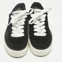 Pre Owned Chanel Black Suede CC Lace Up Sneakers Size 37