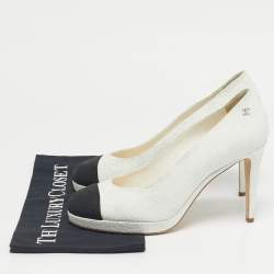 Pre Owned Chanel White/Black Nubuck Leather Platform Pumps Size 40.5