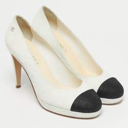 Pre Owned Chanel White/Black Nubuck Leather Platform Pumps Size 40.5