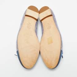 Pre Owned Chanel Grey/Blue Canvas and Satin Lace CC Bow Cap Toe Ballet Flats Size 40.5