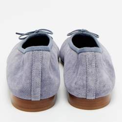 Pre Owned Chanel Grey/Blue Canvas and Satin Lace CC Bow Cap Toe Ballet Flats Size 40.5