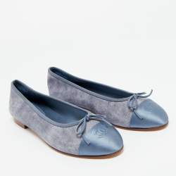 Pre Owned Chanel Grey/Blue Canvas and Satin Lace CC Bow Cap Toe Ballet Flats Size 40.5
