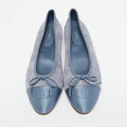 Pre Owned Chanel Grey/Blue Canvas and Satin Lace CC Bow Cap Toe Ballet Flats Size 40.5