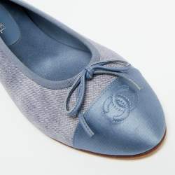 Pre Owned Chanel Grey/Blue Canvas and Satin Lace CC Bow Cap Toe Ballet Flats Size 40.5