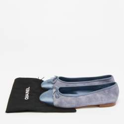 Pre Owned Chanel Grey/Blue Canvas and Satin Lace CC Bow Cap Toe Ballet Flats Size 40.5