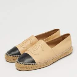 Pre Owned Chanel Beige/Black Leather Interlocking CC Logo Espadrilles Size 40
