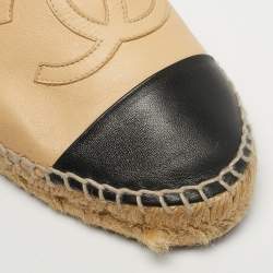 Pre Owned Chanel Beige/Black Leather Interlocking CC Logo Espadrilles Size 40