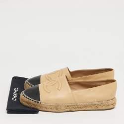 Pre Owned Chanel Beige/Black Leather Interlocking CC Logo Espadrilles Size 40