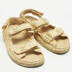 Pre Owned Chanel Beige Raffia Dad Slingback Sandals Size 39