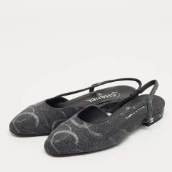 Pre Owned Chanel Grey Denim CC Cap Toe Slingback Flats Size 37