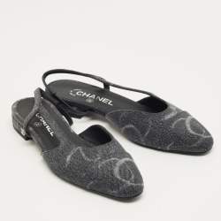 Pre Owned Chanel Grey Denim CC Cap Toe Slingback Flats Size 37