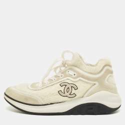 Pre Owned Chanel White Fabric and Suede CC Lace Up Sneakers Size 37