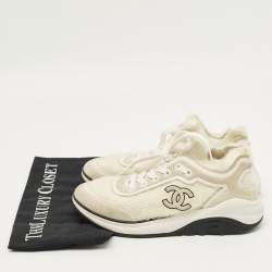 Pre Owned Chanel White Fabric and Suede CC Lace Up Sneakers Size 37