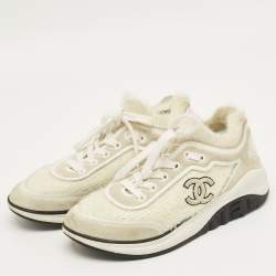 Pre Owned Chanel White Fabric and Suede CC Lace Up Sneakers Size 37