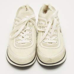 Pre Owned Chanel White Fabric and Suede CC Lace Up Sneakers Size 37
