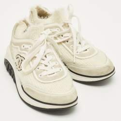 Pre Owned Chanel White Fabric and Suede CC Lace Up Sneakers Size 37
