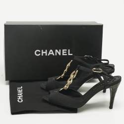 Pre Owned Chanel Black Canvas Chain Ankle Strap Sandals Size 34.5