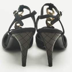 Pre Owned Chanel Black Canvas Chain Ankle Strap Sandals Size 34.5