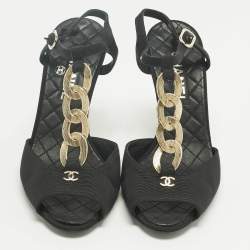Pre Owned Chanel Black Canvas Chain Ankle Strap Sandals Size 34.5