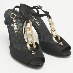 Pre Owned Chanel Black Canvas Chain Ankle Strap Sandals Size 34.5