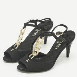 Pre Owned Chanel Black Canvas Chain Ankle Strap Sandals Size 34.5