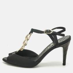 Pre Owned Chanel Black Canvas Chain Ankle Strap Sandals Size 34.5