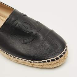 Pre Owned Chanel Black Leather CC Cap Toe Espadrille Flats Size 37