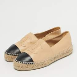 Pre Owned Chanel Beige/Black Leather Interlocking CC Logo Espadrilles Size 38
