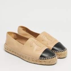 Pre Owned Chanel Beige/Black Leather Interlocking CC Logo Espadrilles Size 38