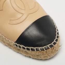 Pre Owned Chanel Beige/Black Leather Interlocking CC Logo Espadrilles Size 38