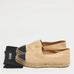 Pre Owned Chanel Beige/Black Leather Interlocking CC Logo Espadrilles Size 38
