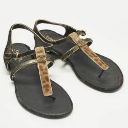 Pre Owned Chanel Two Tone Leopard Print Leather CC Thong Flat Sandals Size 39