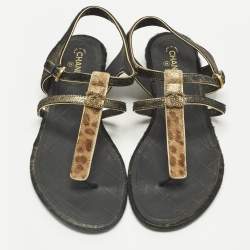 Pre Owned Chanel Two Tone Leopard Print Leather CC Thong Flat Sandals Size 39