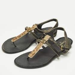 Pre Owned Chanel Two Tone Leopard Print Leather CC Thong Flat Sandals Size 39