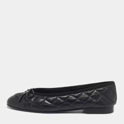Pre Owned Chanel Black Quilted Leather CC Cap Toe Bow Ballet Flats Size 37