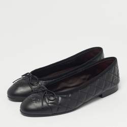 Pre Owned Chanel Black Quilted Leather CC Cap Toe Bow Ballet Flats Size 37
