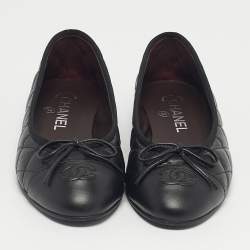 Pre Owned Chanel Black Quilted Leather CC Cap Toe Bow Ballet Flats Size 37